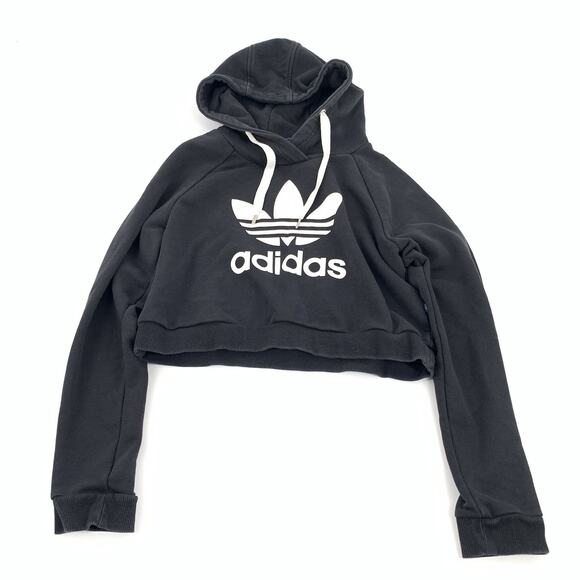 Adidas Originals Cropped Oversized Pullover Sweatshirt Logo Hoodie M Black White - Picture 2 of 8
